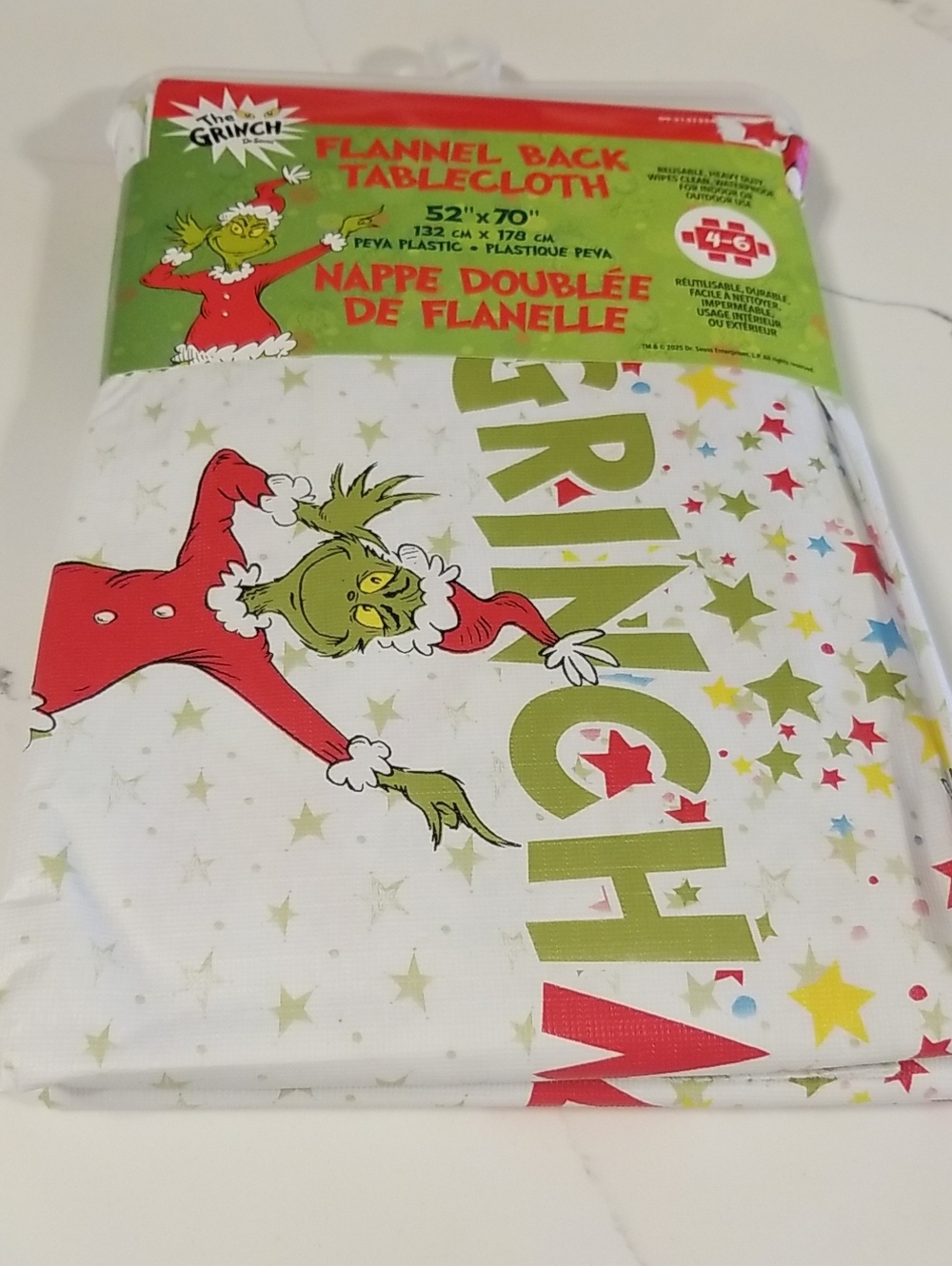 The Grinch Flannel-Back Tablecloth in White & Green Christmas 52 X 70